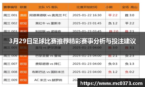 3月29日足球比赛推荐精彩赛事分析与投注建议